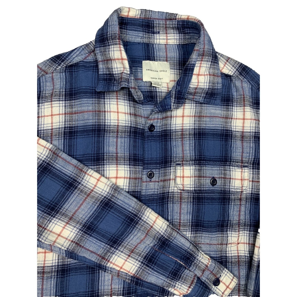 American Eagle Flannel Shirt Womens S Blue Plaid Button Front Super Soft
